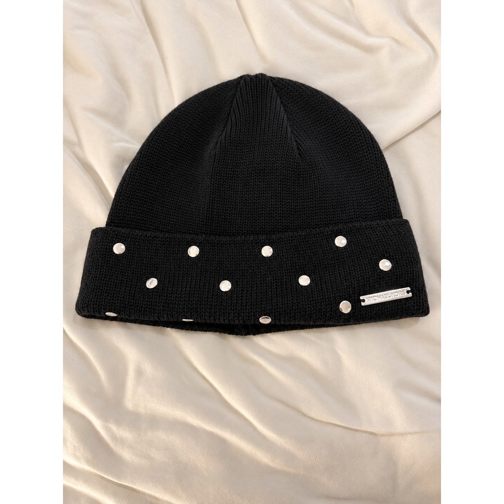 Michael Kors Black Studded Knit Beanie Hat with Silver Logo Plaque